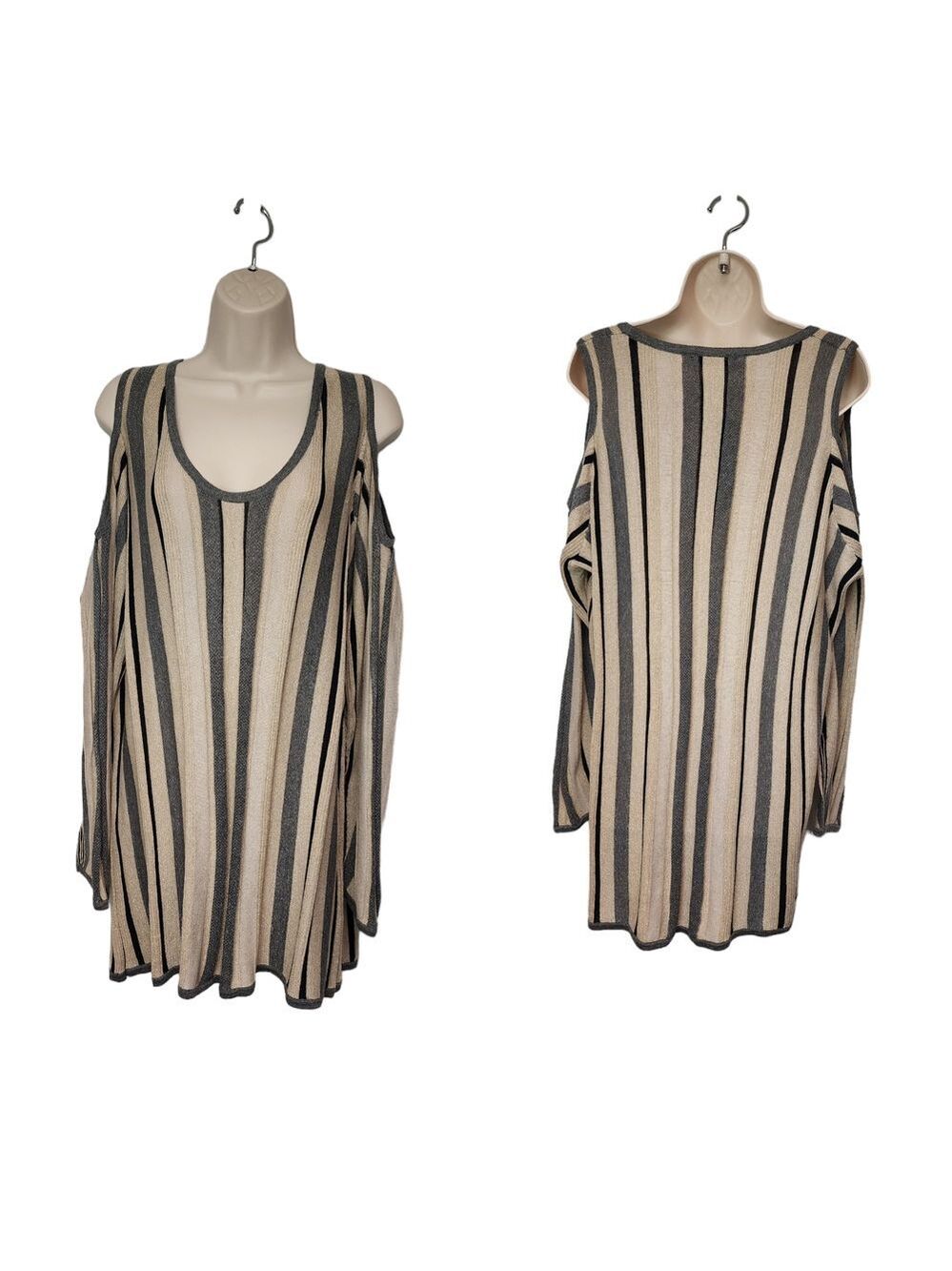 Jump & Onot Cold Shoulder Long Sleeve Stiped Black/ Gold Tunic Sweater Top 4